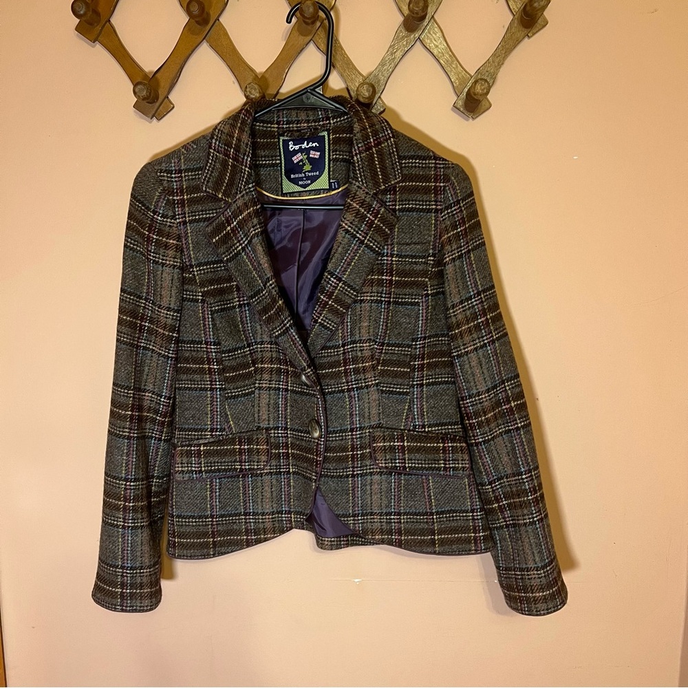 Boden 100% Wool British Tweed by Moon Brown and Purple Plaid Lined Blazer 4P